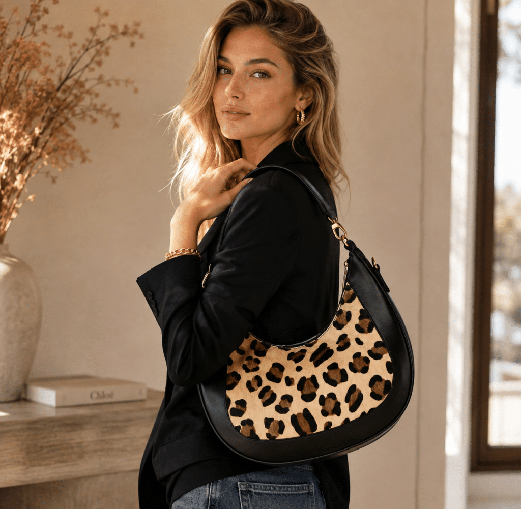 Genuine leather handbag with leopard-print hair-on cowhide