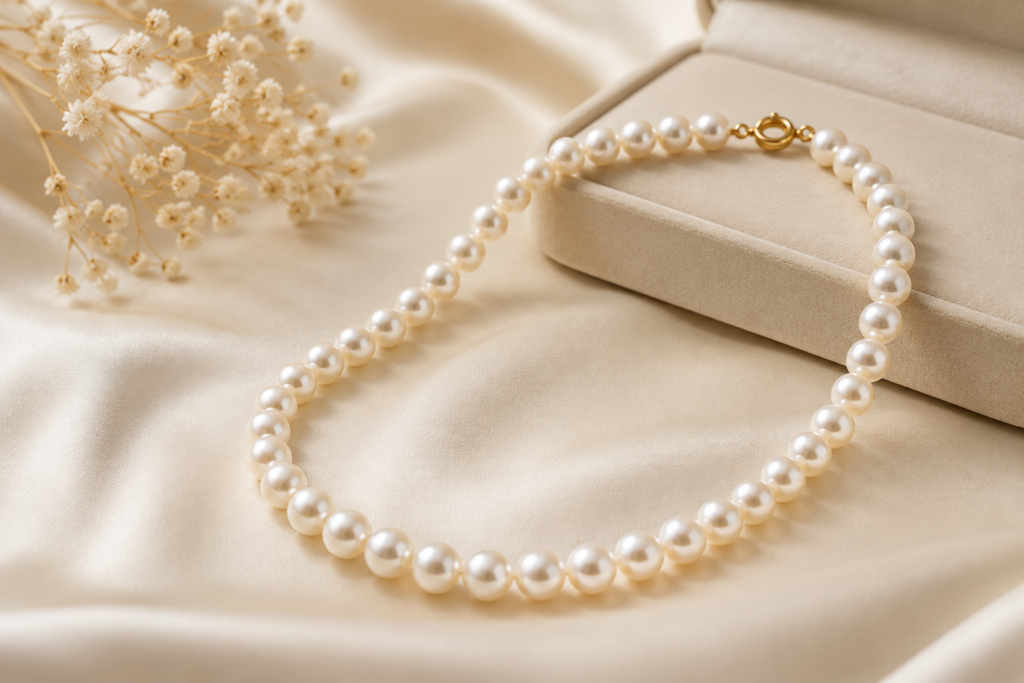 Classic pearl necklace on champagne satin
